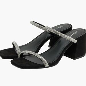 LISA VICKY Mood Pavé Block Heel Slide Black and Rhinestones Women's Sandals